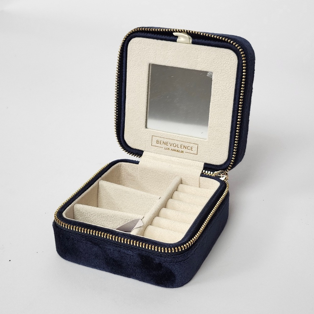 Benevolence LA Plush Velvet Travel Jewelry Box Navy Blue Mirror Zip Compact Case